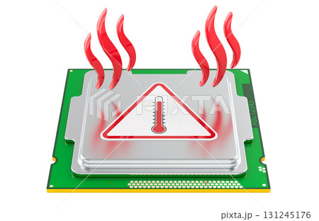 Computer processor with overheating warning symbol and heat waves, 3D rendering 131245176