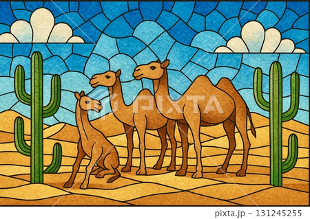 砂漠　青空　ラクダ　サボテン　ステンドグラス風 131245255