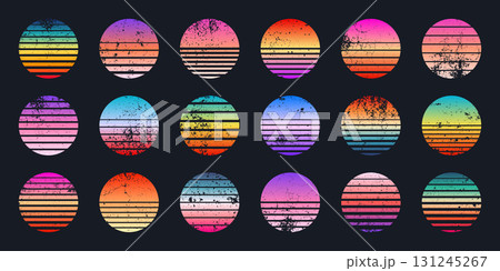 Grunge vintage colorful sunset. Striped gradient sunrise badges in 80s and 90s style. Sun and ocean view, summer vibes, surfing. Design element for print, logo or t-shirt. Vector illustration Grunge vintage colorful sunset. Striped gradient sunrise badges in 80s and 90s style. Sun and ocean view, summer vibes, surfing. Design element for print, logo or t-shirt. Vector illustration 131245267