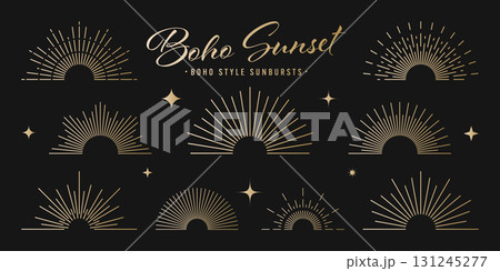Vintage golden sunburst, sunset beams collection. Boho style, modern minimalist bohemian design. Hand drawn bursting sun, light rays. Logotype or lettering retro design element. Vector illustration 131245277