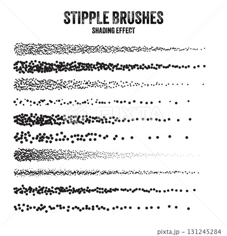 Ink scatter brush, stipple drawing and texturing. Fading gradient. Stippling, dotwork drawing, shading using dots. Halftone disintegration effect. White noise grainy texture. Vector illustration 131245284