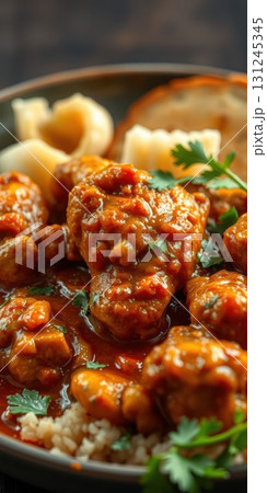 Delicious chicken curry served with rice and naan, showcasing vibrant colors and rich textures in a cozy dining setting 131245345