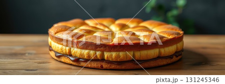 Fluffy cake with chocolate filling on a wooden table against a dark background 131245346