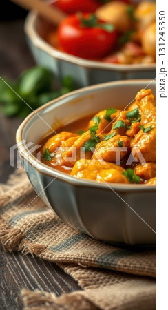Delicious chicken curry with vibrant spices served in a rustic bowl on a wooden table 131245350