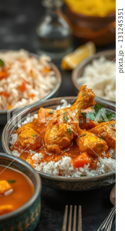 Delicious chicken curry served on a bed of rice with colorful vegetables at a cozy dining table Delicious chicken curry served on a bed of rice with colorful vegetables at a cozy dining table 131245351