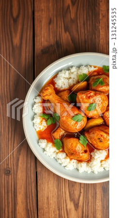 Delicious chicken curry with rice served in a bowl on a wooden table Delicious chicken curry with rice served in a bowl on a wooden table 131245535