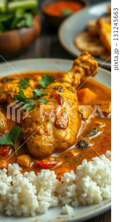 Savory chicken stew served with fragrant rice and garnished with fresh herbs on a rustic table 131245663