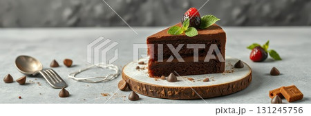 Delicious chocolate cake served on a wooden board with fresh strawberries and mint leaves Delicious chocolate cake served on a wooden board with fresh strawberries and mint leaves 131245756