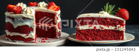Delicious red velvet cake with strawberries and cream on display for dessert lovers at a celebration or gathering 131245843