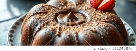 Mouthwatering chocolate cake topped with fresh strawberries and a rich chocolate drizzle prepared in a cozy kitchen setting 131245876