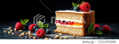 Delicious layer cake with fresh berries and mint on a dark background surrounded by nuts and sugar 131245880