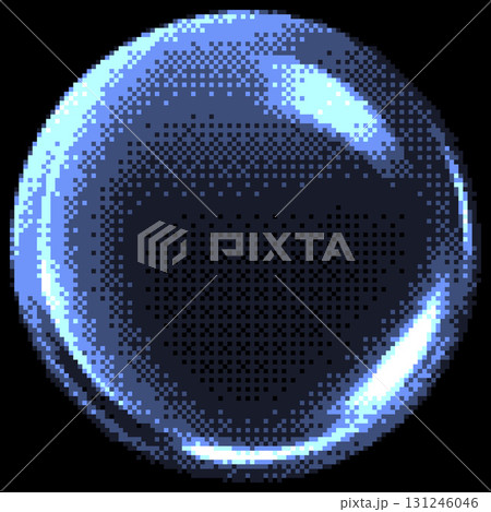 Transparent glossy crystal sphere pixel art vector icon, retro 8bit blue glass glob on dark, glass ball with light glare 131246046