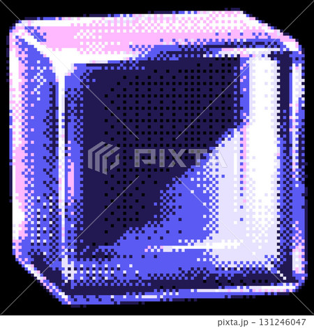Transparent glossy crystal cube with holographic dispersion effect pixel art. vector retro 8 bit videogame 3D glass cube 131246047