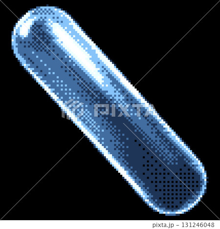 Transparent glossy crystal tube shape pixel art vector icon, 8 bit blue glass long round figure with light glare on dark Transparent glossy crystal tube shape pixel art vector icon, 8 bit blue glass long round figure with light glare on dark 131246048