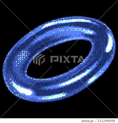 Transparent glossy crystal torus figure with light glare effect pixel art vector icon, retro 8 bit blue glass ring donut 131246049