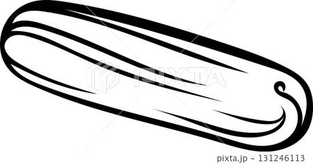 Hand-drawn black and white icon of an elegant French eclair, sketch style illustration of a traditional elongated pastry with cream. Simple doodle of a classic dessert 131246113