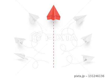 Realistic paper planes flying with dotted air route line, red manager team leader leads the way, startup in business 131246136