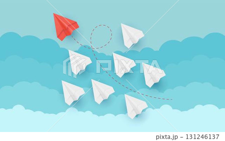 Realistic paper planes flying in the sky, red manager team leader leads the way, vector origami aircraft in business 131246137