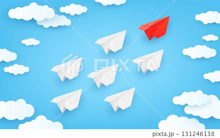 Realistic handmade paper planes flying in the sky, red manager team leader leads the way, origami aircraft in business 131246138