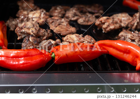 Grilled chicken and red peppers on barbecue grill Grilled chicken and red peppers on barbecue grill 131246244