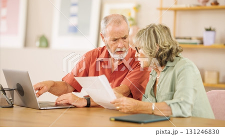 Senior couple managing finances and using laptop at home 131246830