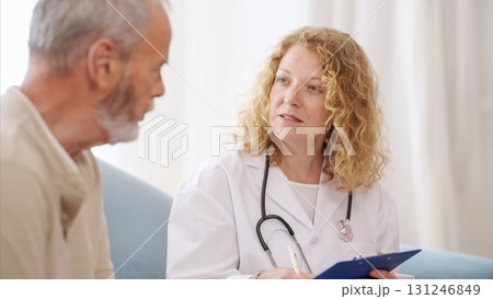 Female doctor listening to senior patient explaining symptoms 131246849