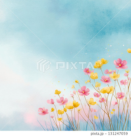 水彩風の草花と青空の背景イラスト　春夏の爽やかなデザイン素材 131247059