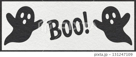 Halloween black ghosts with Boo text in flat on textured white paper background, spooky web banner 131247109