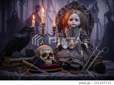 A mystical and spooky Halloween scene is set on a dark surface. 131247115