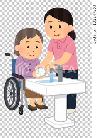 Illustration of an elderly woman washing her hands with the support of a caregiver 131247253