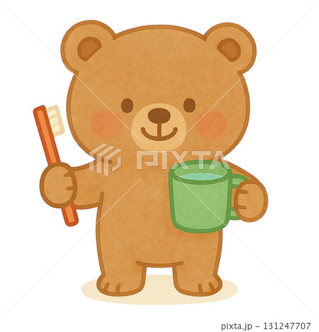 【歯磨き】歯ブラシとコップを持ったクマさんのイラスト 131247707