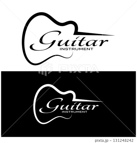 Simple musical guitar instrument logo, for guitar shop, music instrument store, orchestra, guitar lessons, apps, games, music studio, vector Simple musical guitar instrument logo, for guitar shop, music instrument store, orchestra, guitar lessons, apps, games, music studio, vector 131248242