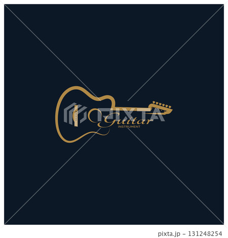 Simple musical guitar instrument logo, for guitar shop, music instrument store, orchestra, guitar lessons, apps, games, music studio, vector 131248254