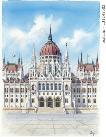 ハンガリーの荘厳な国会議事堂とドナウ川を水彩で描いた風景 ハンガリーの荘厳な国会議事堂とドナウ川を水彩で描いた風景 131248682