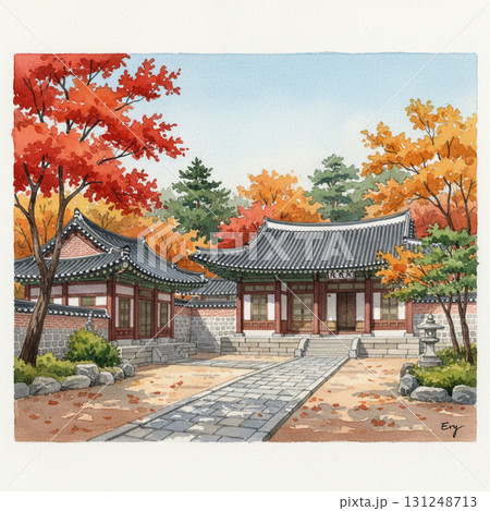 韓国の雲峴宮と紅葉を水彩で描いた秋の美しい風景 131248713