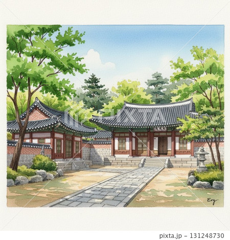 韓国の雲峴宮と緑を水彩で描いた秋の美しい風景 131248730