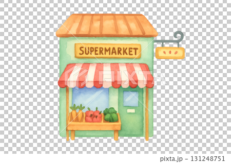 スーパーマーケットの建物 水彩イラスト PNG 透過背景 131248751