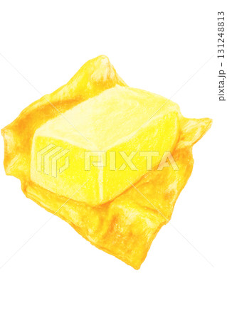 包み紙にのった黄色いバター オイルパステルイラスト PNG 透過背景 131248813