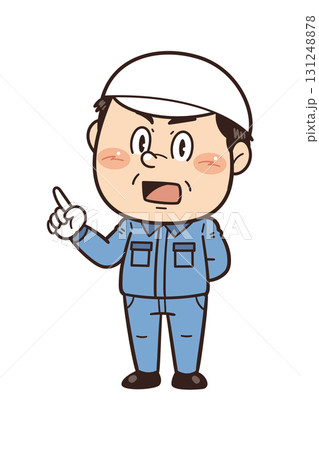 工場や現場で働く男性作業員が指差しをしているイラスト｜不安全行動・不安全状態・労働災害 131248878