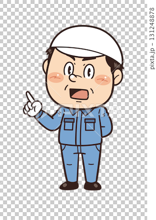 工場や現場で働く男性作業員が指差しをしているイラスト｜不安全行動・不安全状態・労働災害 131248878