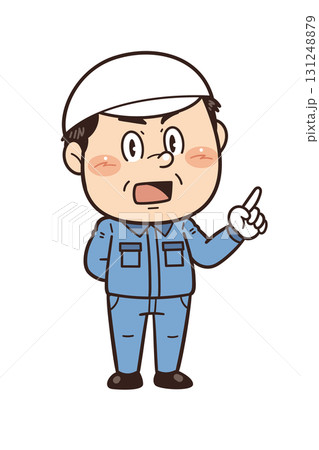 工場や現場で働く男性作業員が指差しをしているイラスト｜不安全行動・不安全状態・労働災害 131248879