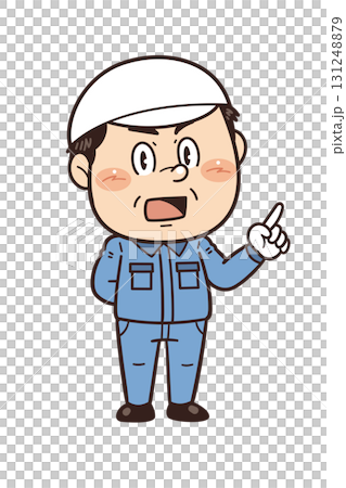 工場や現場で働く男性作業員が指差しをしているイラスト｜不安全行動・不安全状態・労働災害 131248879