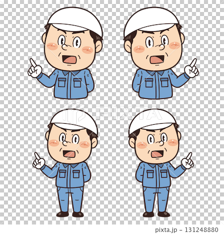 Illustration of a male worker pointing at something in a factory or on-site | Unsafe behavior, unsafe conditions, and workplace accidents 131248880