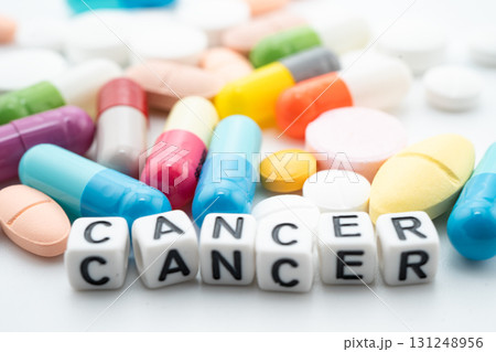 Cancer word with pills and capsules medical drug. 131248956