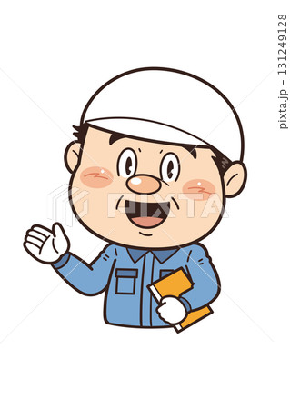 工場や現場で働く男性作業員が解説しているイラスト｜不安全行動・不安全状態・労働災害 131249128