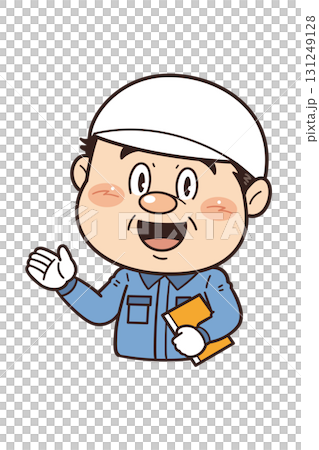 工場や現場で働く男性作業員が解説しているイラスト｜不安全行動・不安全状態・労働災害 131249128