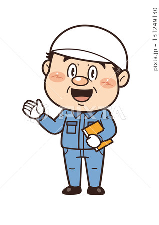工場や現場で働く男性作業員が解説しているイラスト｜不安全行動・不安全状態・労働災害 131249130