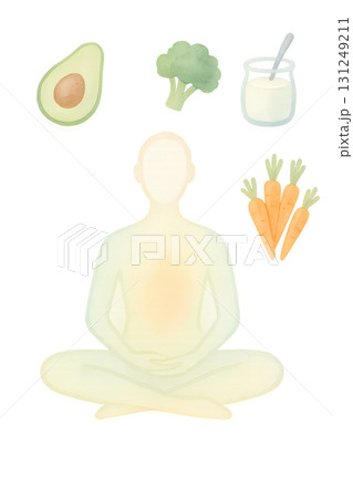 瞑想と腸に良い食品 水彩イラスト PNG 透過背景 131249211