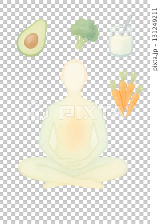瞑想と腸に良い食品 水彩イラスト PNG 透過背景 131249211