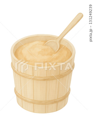 木桶入り味噌と木さじ 水彩イラスト PNG 透過背景 131249239